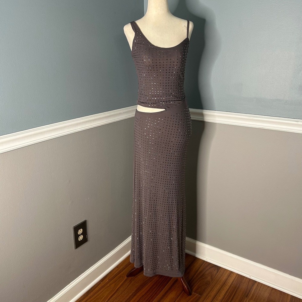 Missguided Charcoal Grey Rhinestone Embellished Cutout Maxi Dress Womens Small
